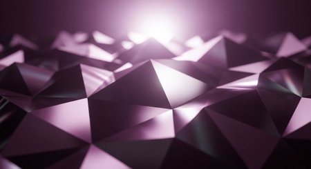 A close-up view of a cluster of shiny purple geometric shapes with a bright light shining on themの写真素材