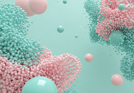 A vibrant and colorful abstract composition of pastel spheres and clusters in pink and blue huesの写真素材