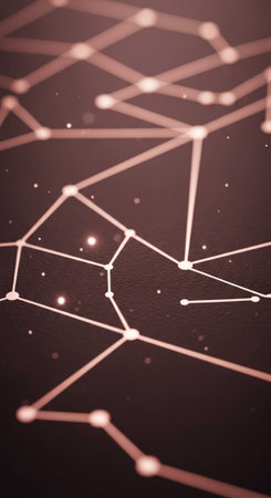 A network of glowing lines and dots on a dark background representing connections and technologyの写真素材