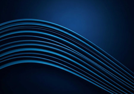 A dark blue abstract background with curved lines and a gradient effectの写真素材