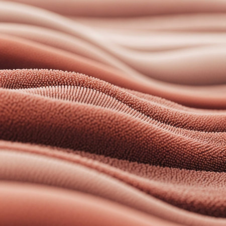 A close-up view of a wavy textured fabric with a soft pink and brown color paletteの写真素材
