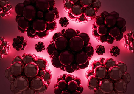 A vibrant cluster of red and pink bubbles floating in mid-air with a soft glowing lightの写真素材