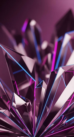 A close-up view of a cluster of shiny purple crystals with sharp facets and vibrant blue and pink highlights.の写真素材