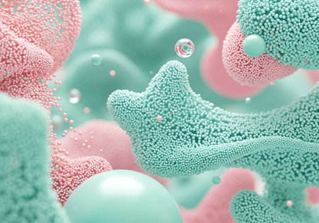 A vibrant and colorful abstract illustration of textured shapes and spheres in pastel pink and blue huesの写真素材