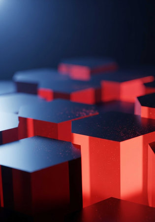 A close-up view of a group of red and blue cubes in a dark room with a spotlight shining on themの写真素材
