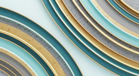 A colorful arrangement of concentric circles in shades of blue, gold, and gray on a white backgroundの写真素材