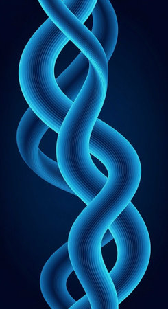 A vibrant blue DNA double helix structure on a dark backgroundの写真素材