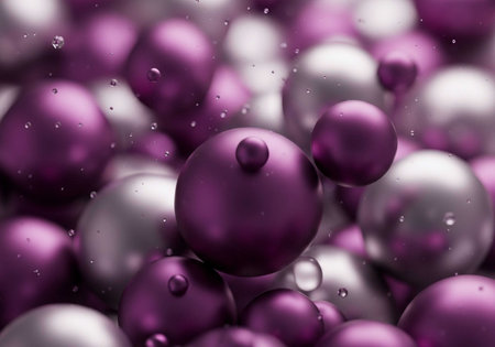 A close-up view of numerous purple and silver spheres of various sizes floating together in a visually striking arrangementの写真素材