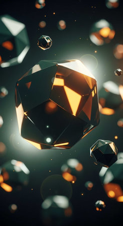 A large golden gemstone surrounded by smaller sparkling gems in a dark background with bright highlightsの写真素材