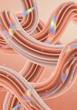 A vibrant and colorful abstract illustration of intertwined ribbons with holographic effectsの写真素材