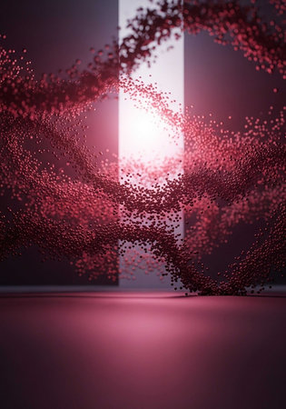 A vibrant pink light illuminates a dark room with particles flying through the airの写真素材