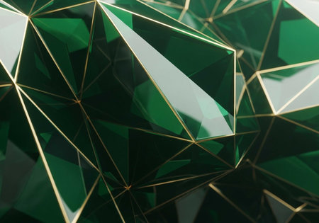 A close-up view of a geometric pattern featuring green and gold polygonsの写真素材