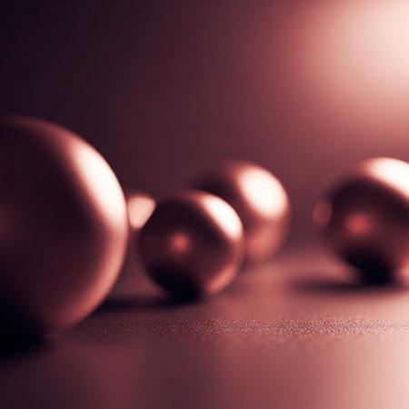 A close-up view of several shiny metallic spheres in a dimly lit room with a reddish hueの写真素材