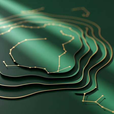 A close-up view of a green topographic map with gold lines and dotsの写真素材
