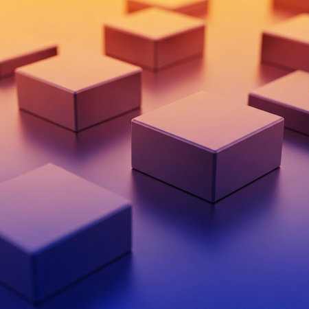 A close-up view of several colorful cubes arranged on a vibrant gradient backgroundの写真素材