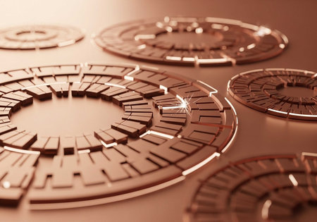 A close-up view of several metallic circular objects with intricate designs on a reflective surfaceの写真素材