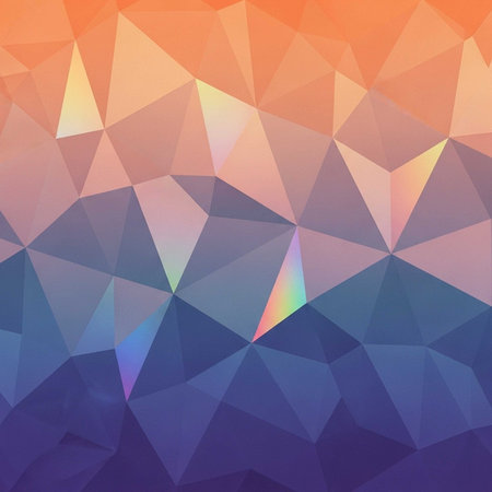 A colorful geometric pattern of triangles in shades of orange, purple, and blueの写真素材