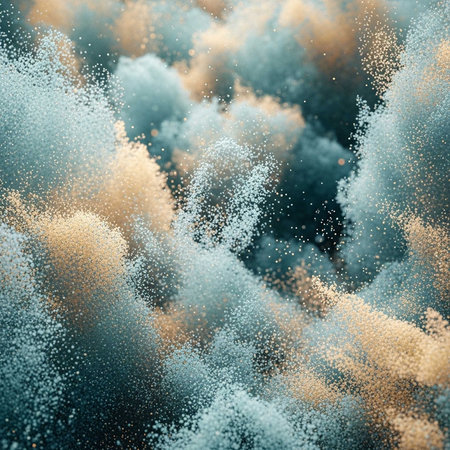 A vibrant and dramatic abstract image of colorful clouds and particles in motionの写真素材