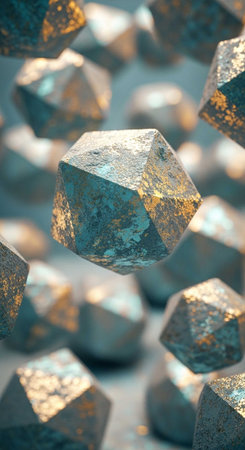 A close-up view of metallic polyhedrons with a blue and gold color scheme floating in mid-airの写真素材
