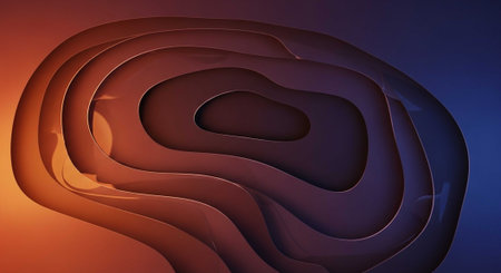 A modern abstract sculpture with layered curves and vibrant gradient lightingの写真素材