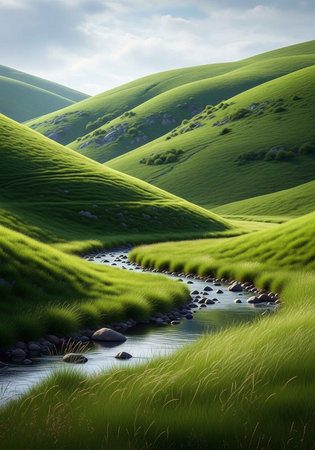 Beautiful spring landscape with a stream flowing through the grassy hillsの写真素材