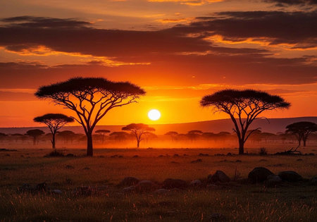 Sunset in Serengeti National Park, Tanzania, Africaの写真素材