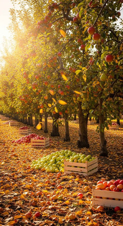 Organic apples in wooden boxes on apple orchard in autumn.の写真素材