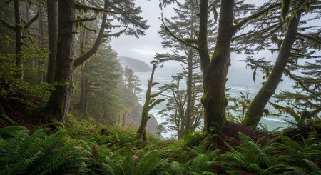 Beautiful view of the Pacific Ocean coastline on a foggy day.の写真素材