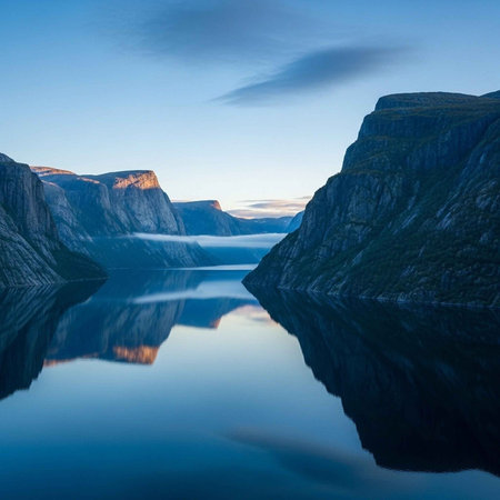 Norwegian fjord at sunset. Beautiful summer landscape. Long exposure.の写真素材
