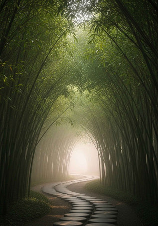 Bamboo forest in a foggy morning. 3D rendering.の写真素材