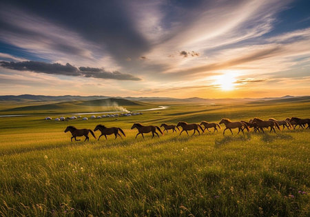 Mongolian horses grazing in the grassland at sunset.の写真素材