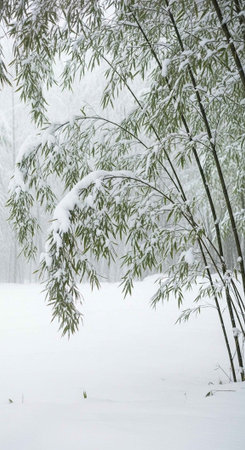 bamboo forest in winter with snow and hoar-frostの写真素材