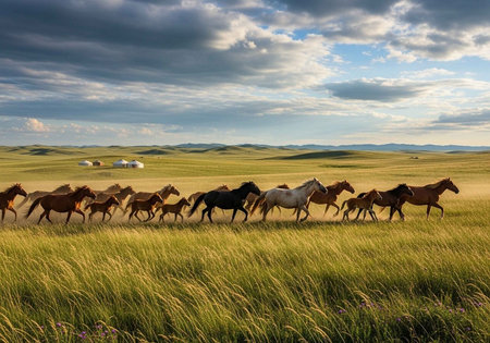 Herd of horses grazing in the steppe at sunset. Mongoliaの写真素材