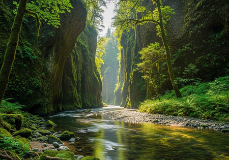 Mountain river flowing through the green mossy rocks and forest.の写真素材