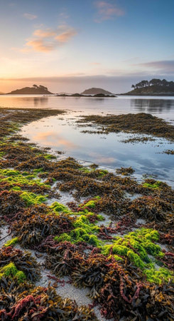 Beautiful sunrise over the sea with colorful seaweed in the foregroundの写真素材