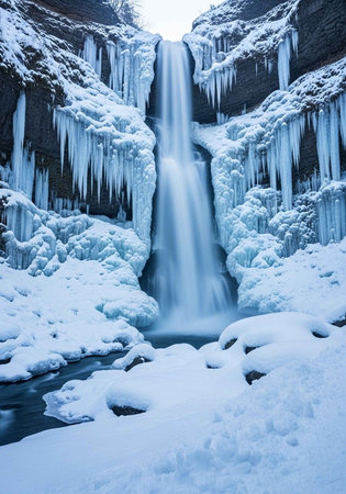Frozen waterfall with icicles and snow in winter, Iceland.の写真素材