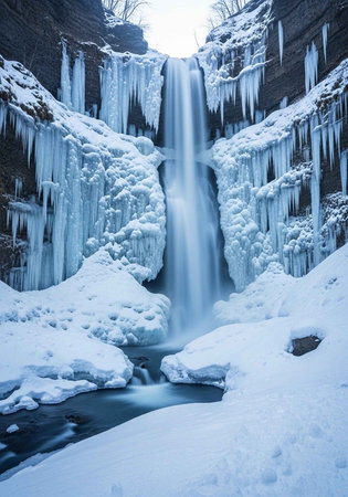Frozen waterfall in winter. Beautiful winter landscape with frozen waterfall.の写真素材