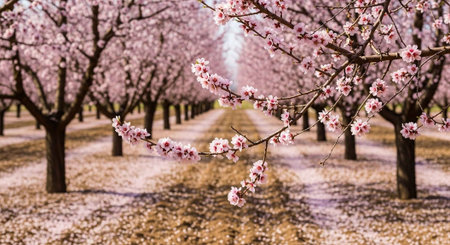 Blossoming of peach trees in orchard on a spring dayの写真素材