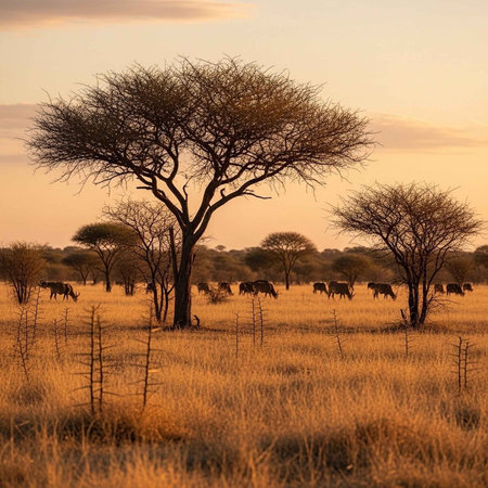 Sunset in Okavango Delta - Moremi National Park in Botswanaの写真素材