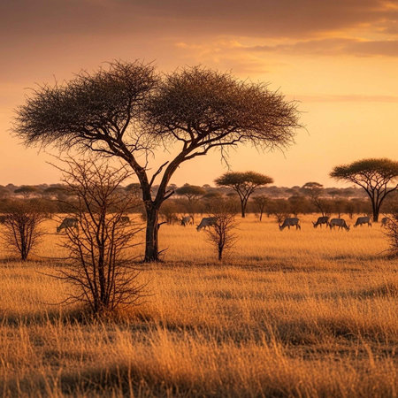 African savannah with acacia trees at sunset, Kenya, Africaの写真素材