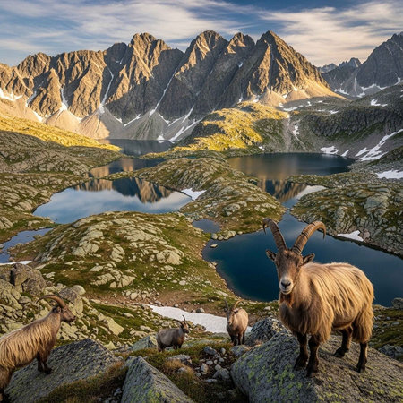 mountain goats on a mountain lake in the Carpathian mountainsの写真素材