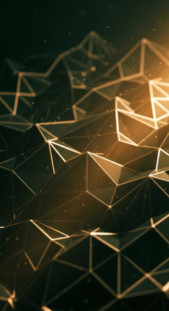 A futuristic digital illustration of glowing geometric shapes on a dark backgroundの写真素材