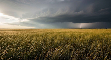 Storm clouds over the prairie grasslands of Saskatchewan, Canada.の写真素材