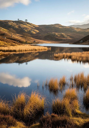 Beautiful Autumn Fall landscape image of Lake District England with reflection in waterの写真素材