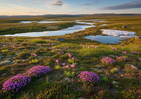 Mountain landscape with lake and pink flowers at sunset. Iceland.の写真素材