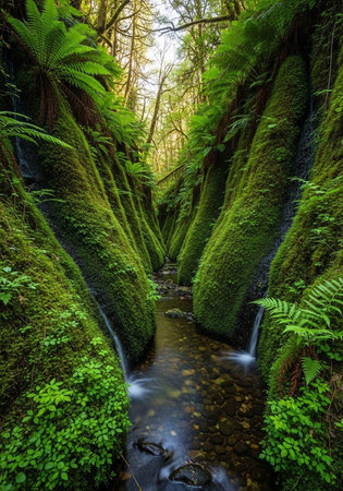 Mossy trees and stream in the rainforest, New Zealandの写真素材