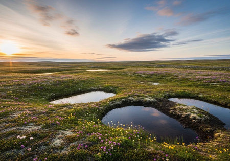 Sunset on the meadow with small water puddle.の写真素材