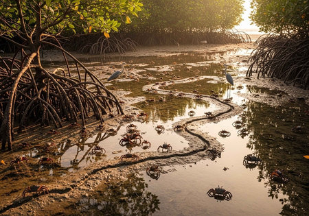 Mangrove forest at sunset in Thailand. The mangrove forest is one of the most popular place for fishing.の写真素材