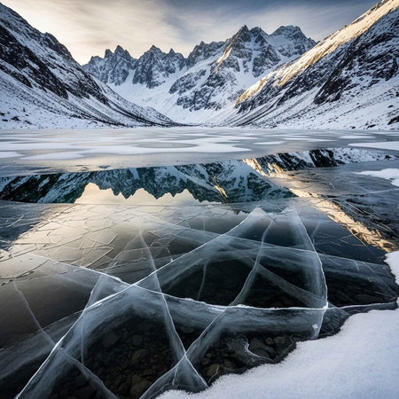 Beautiful winter landscape with frozen lake and snow-capped mountainsの写真素材