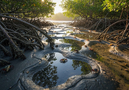 Mangrove forest with reflection in water at sunset, Thailandの写真素材